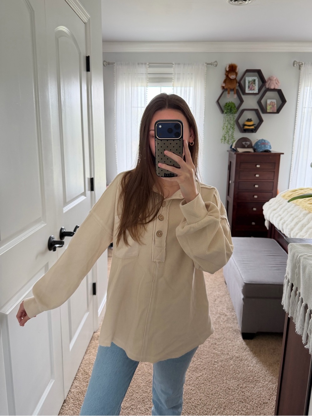 NWOT Waffle Knit Pullover w/ Pocket & Fray Seam Detailing